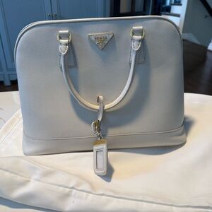 Prada Cream Saffiano Leather Dome Satchel with Gold Hardware